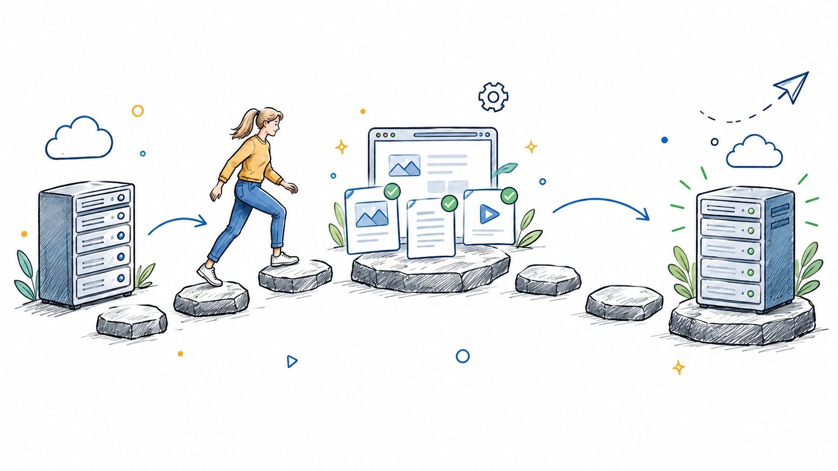 A conceptual illustration of a digital migration process involving data servers, a user, and content management icons.