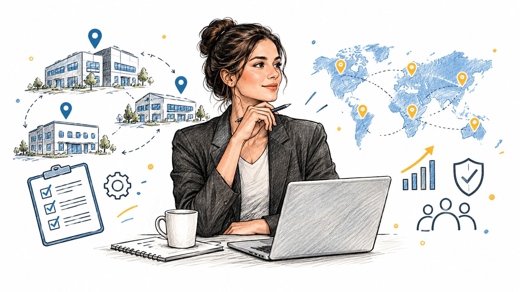 A professional woman working at her desk with various business icons, global map, and building illustrations.