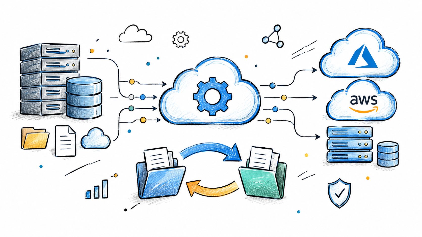 A conceptual illustration of a cloud-based white label SaaS platform integrating data between servers and cloud services.