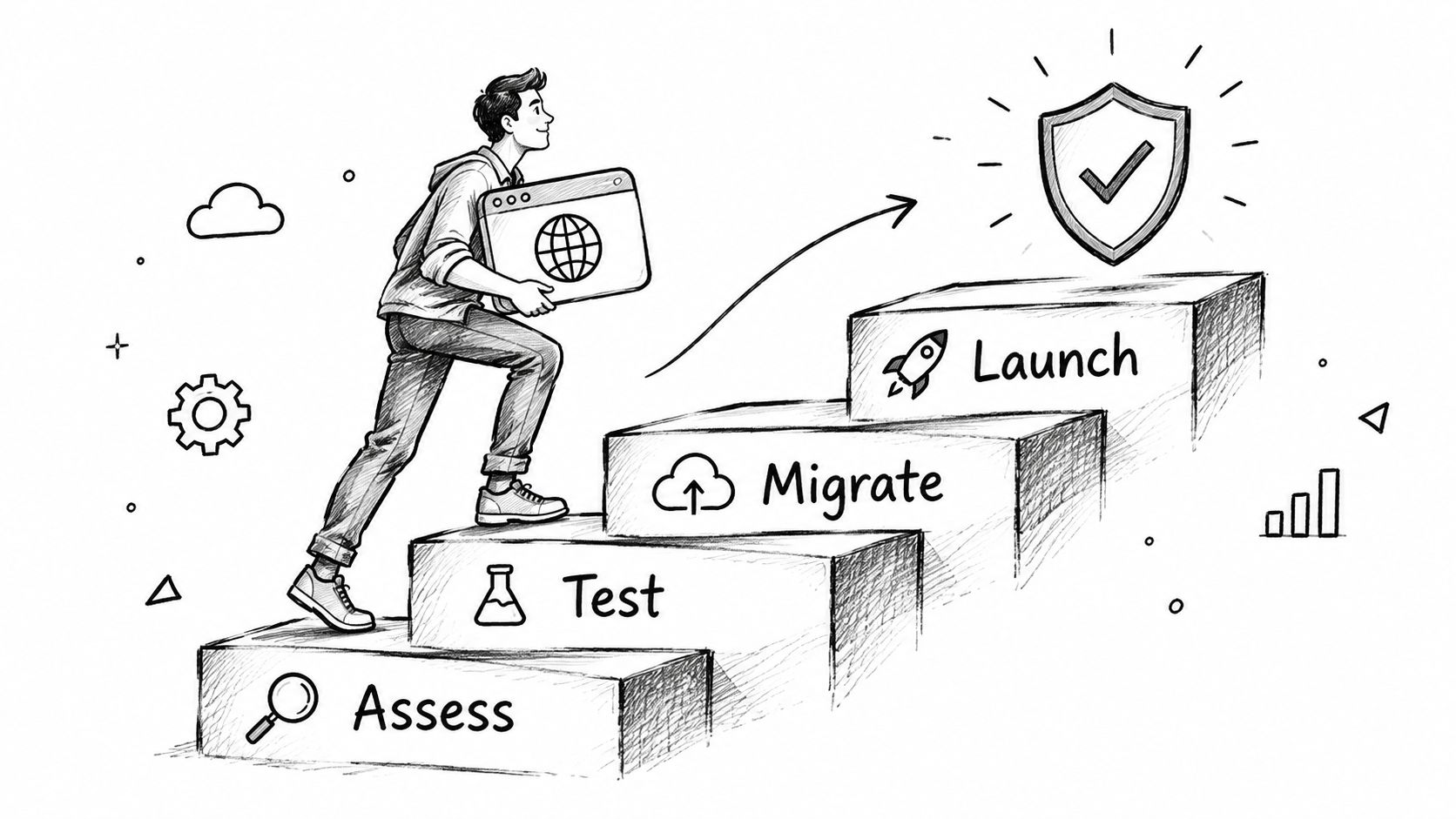 A hand-drawn illustration showing a person climbing steps labeled Assess, Test, Migrate, and Launch towards success.
