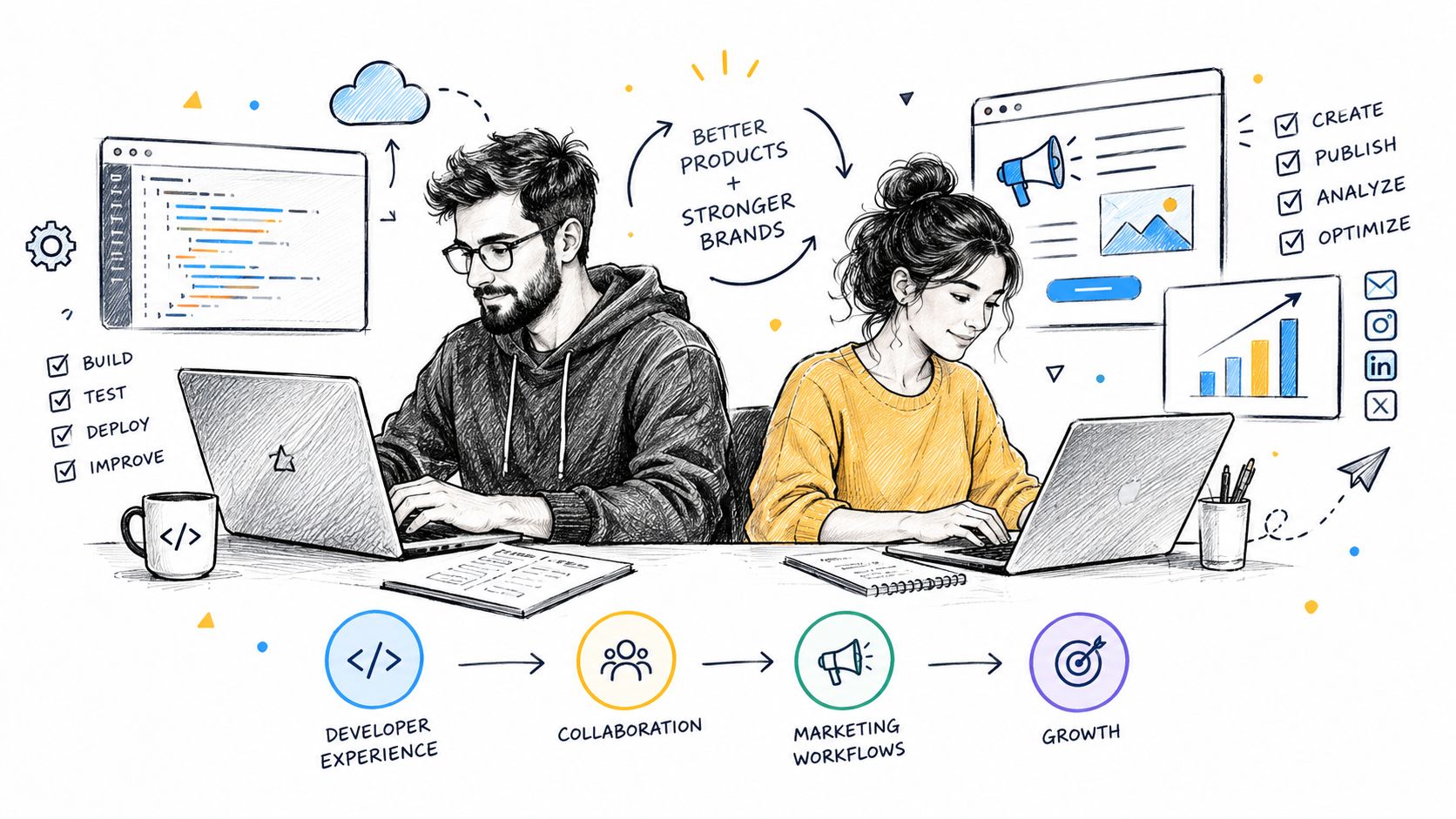 A professional illustration showing a developer and a marketer collaborating on product growth and digital workflows.