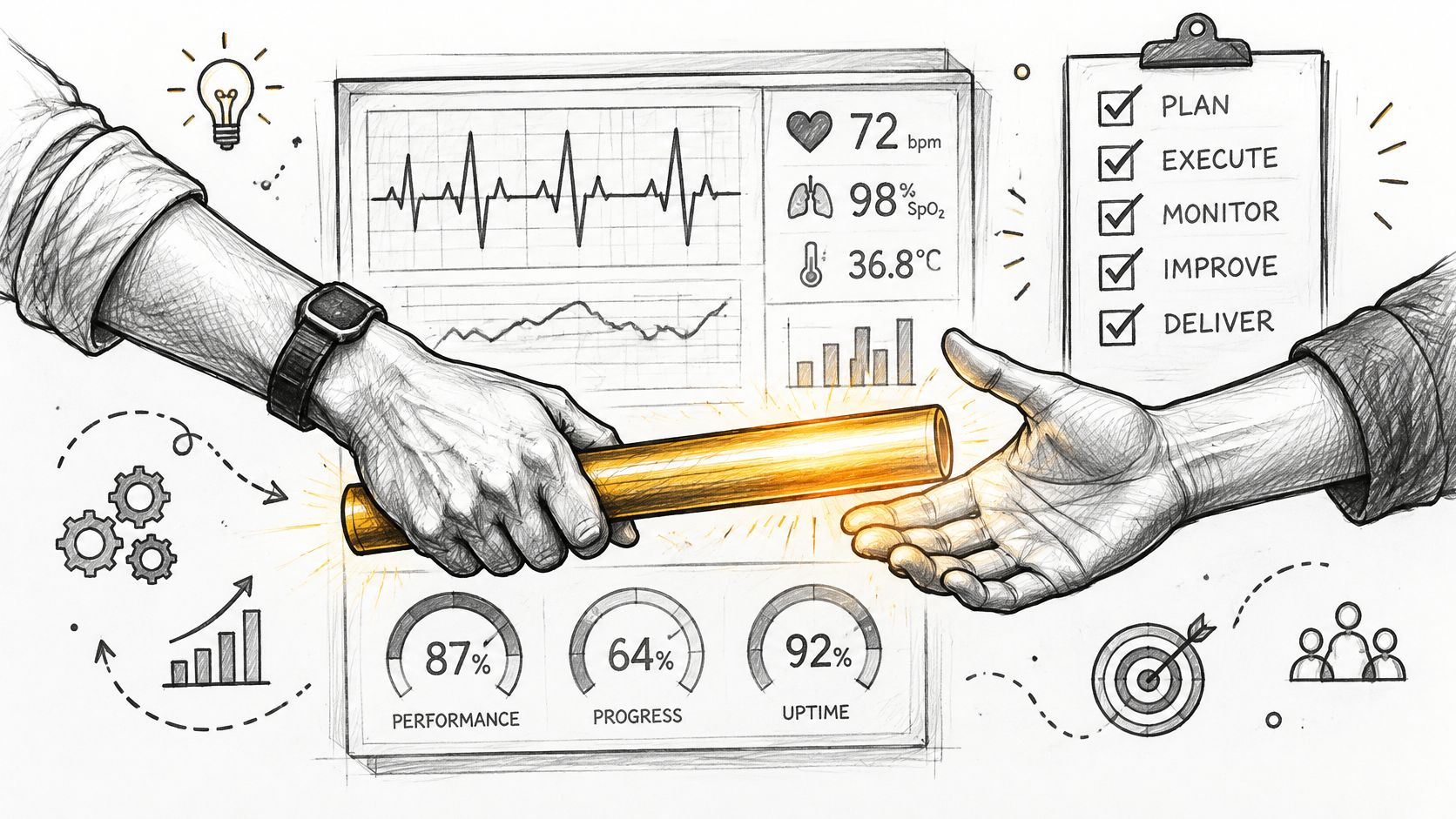 A pencil sketch illustrating a hand passing a golden relay baton to another against a business dashboard.