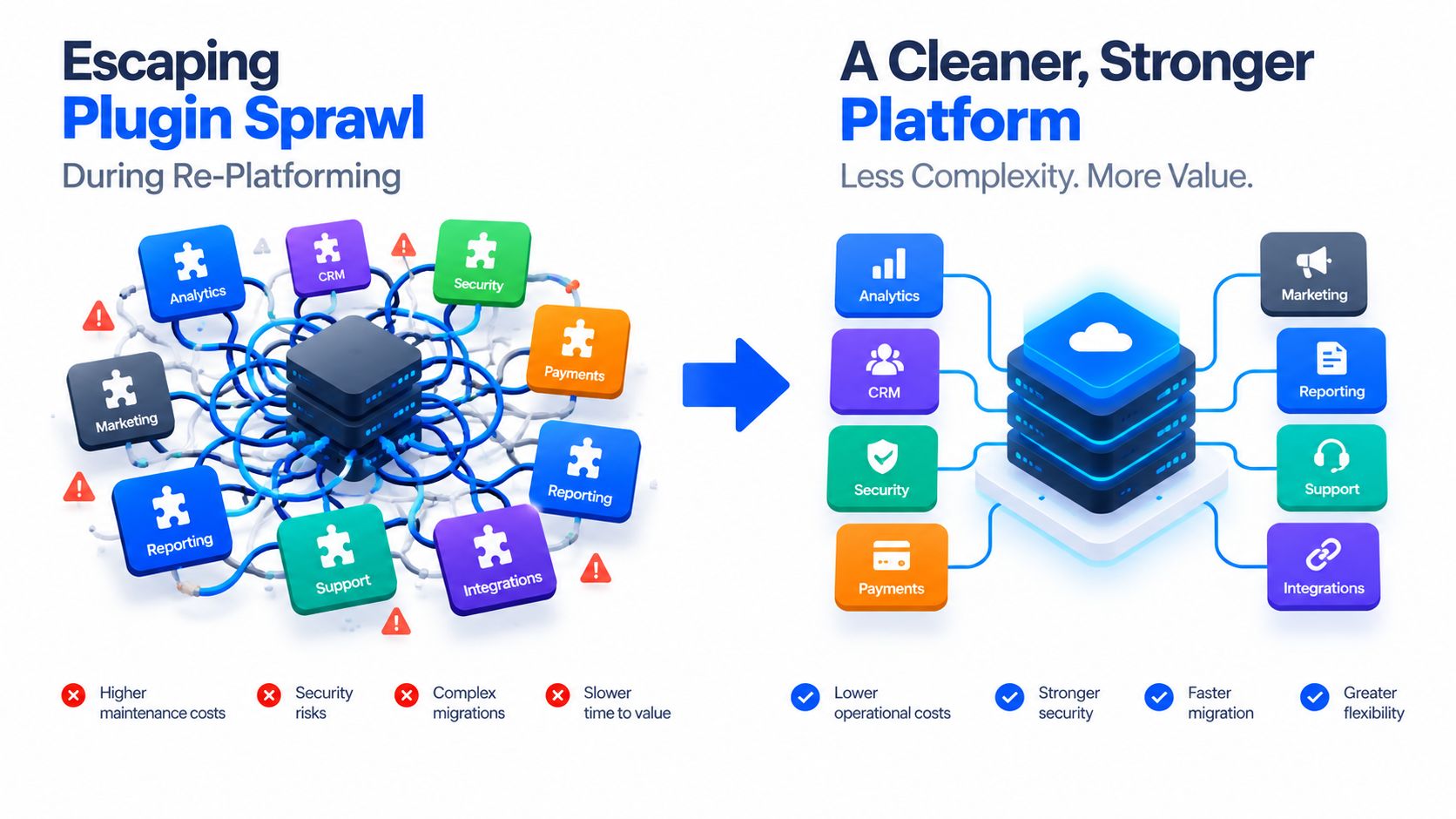 A diagram comparing a chaotic, complex plugin-based system to a streamlined, simplified API-first platform architecture.
