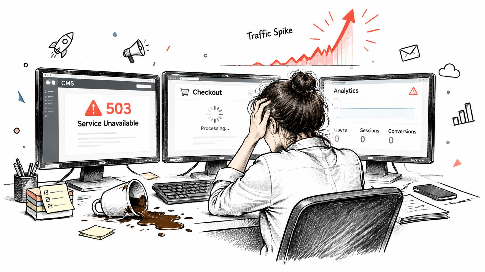 A stressed developer sitting at a desk with computer monitors showing system errors and traffic spikes.