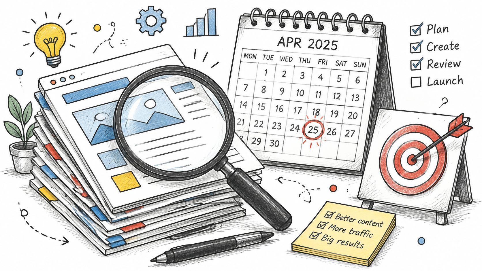 A hand-drawn illustration showing a magnifying glass over website documents, a calendar marked April 2025, and business goals.