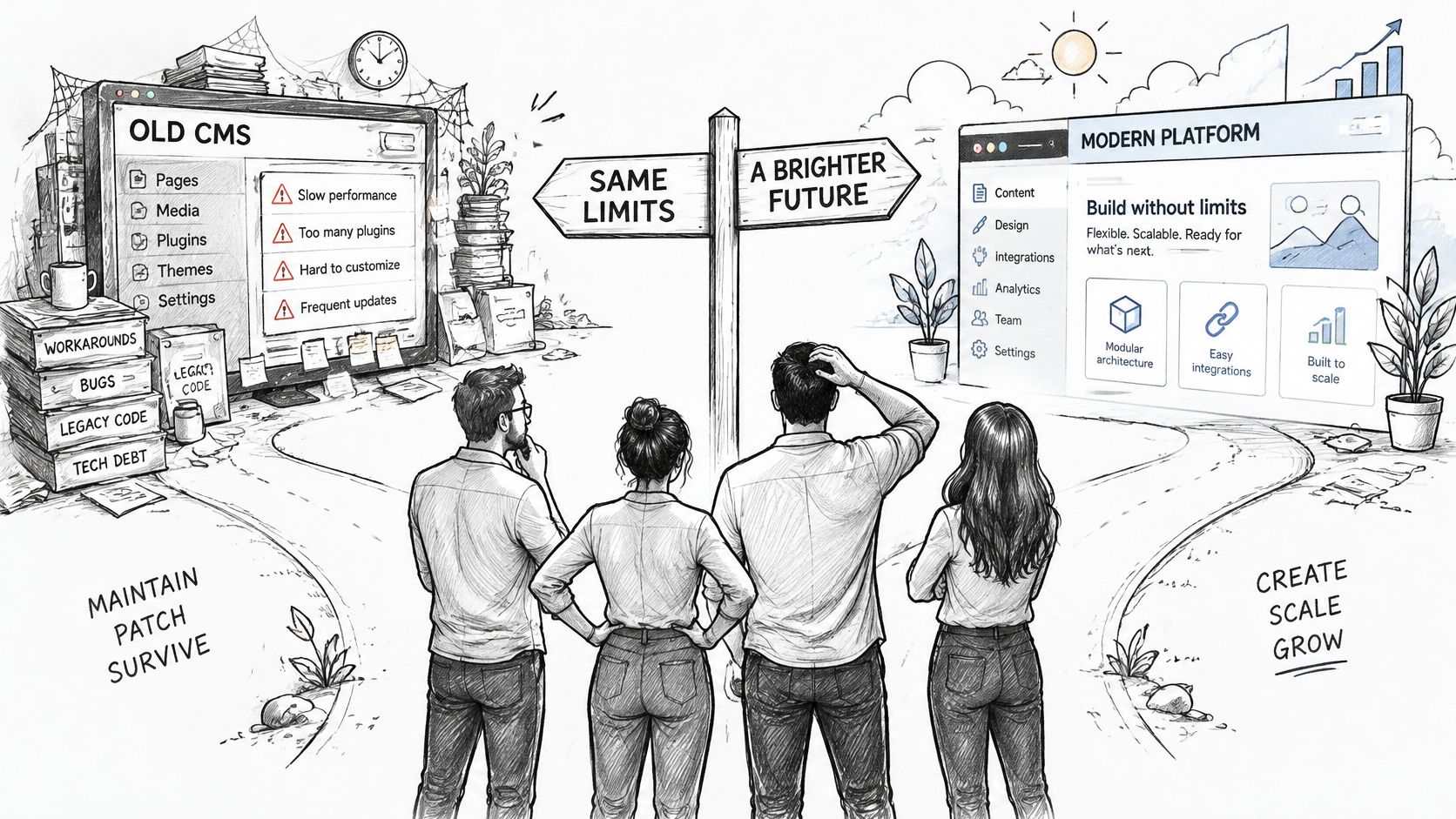 A professional drawing illustrating the choice between maintaining an outdated CMS or switching to a modern platform.