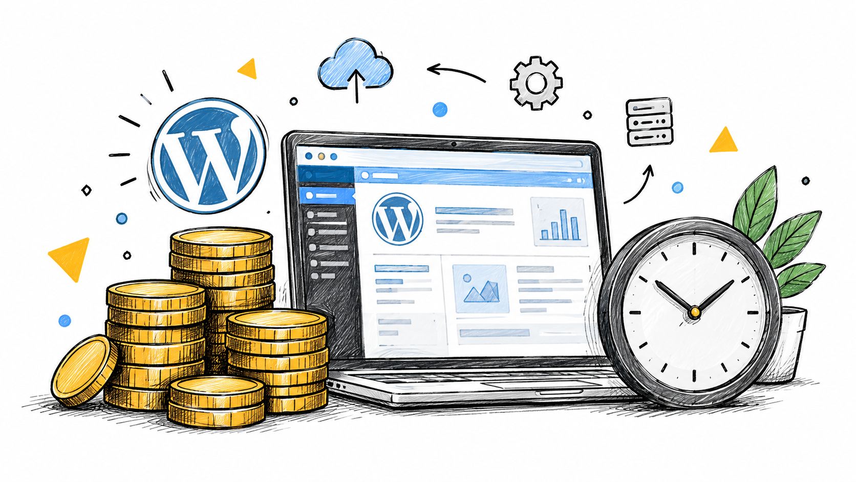 A digital illustration showing a laptop with WordPress software, stacks of coins, and a clock symbol.