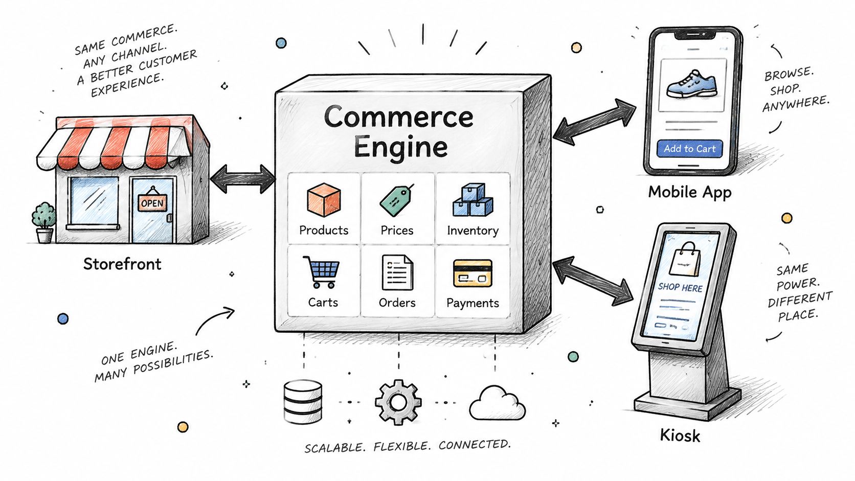 A diagram illustrating a central commerce engine connecting to a storefront, mobile app, and kiosk.