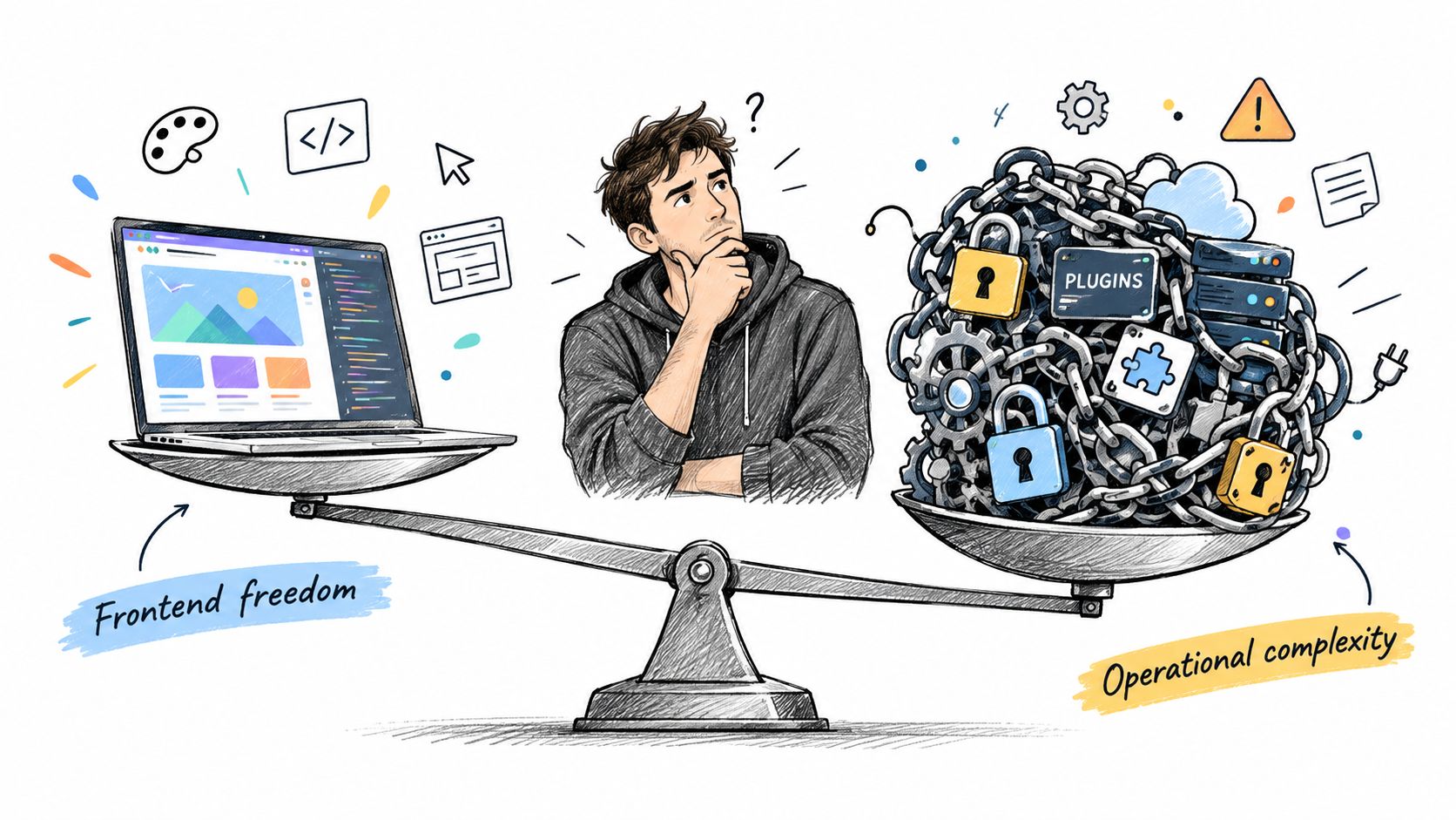 A person contemplating the trade-off between frontend development freedom and the operational complexity of backend systems.