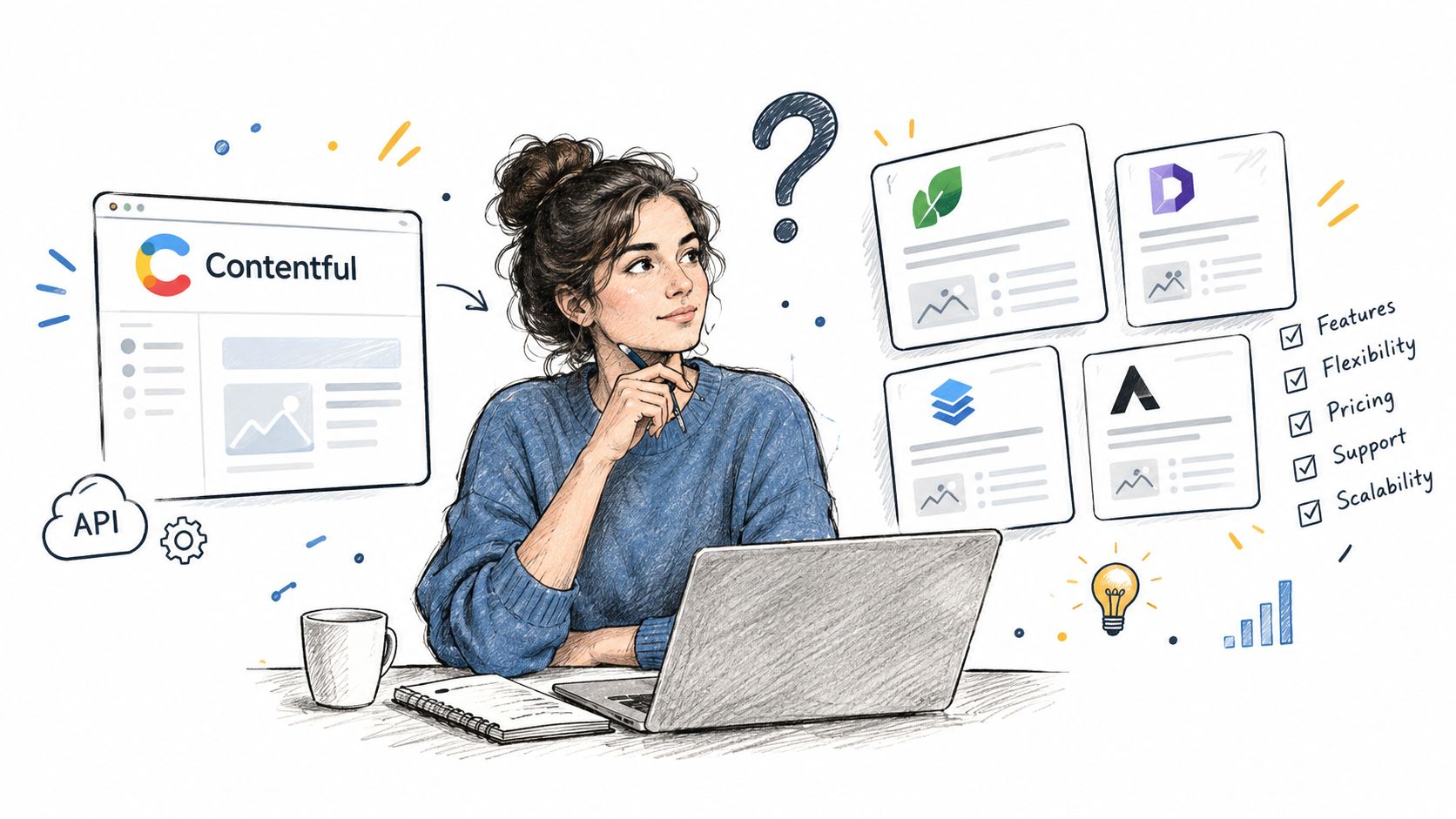 A woman thinking about choosing between Contentful and various other CMS platform alternatives while working on her laptop.
