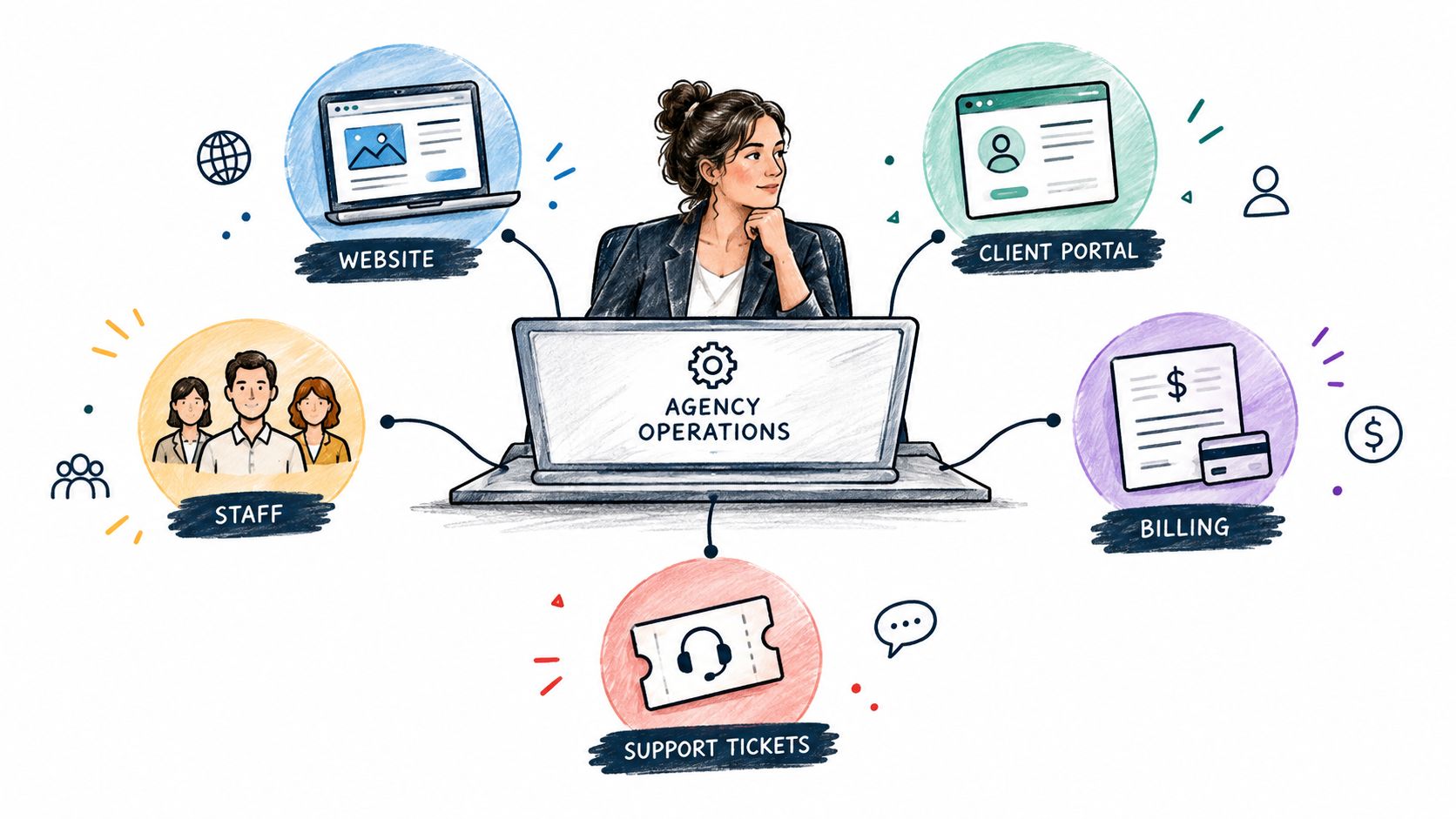 A professional woman looking at her laptop screen representing centralized agency operations, surrounded by icons for website, staff, client portal, billing, and support tickets.