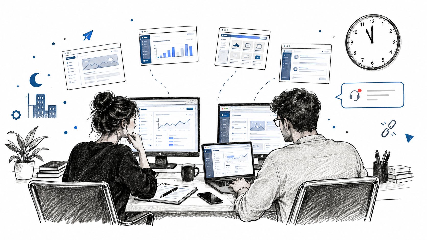 A young woman and man collaborating in a professional office environment using computers and digital dashboards.