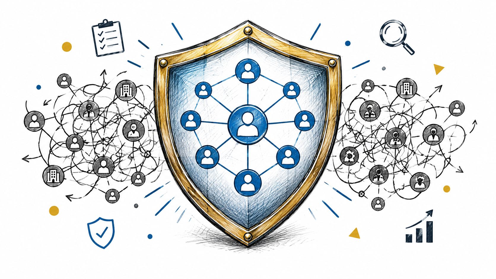 A digital shield graphic representing secure network management with organized connections protected from complex chaos.