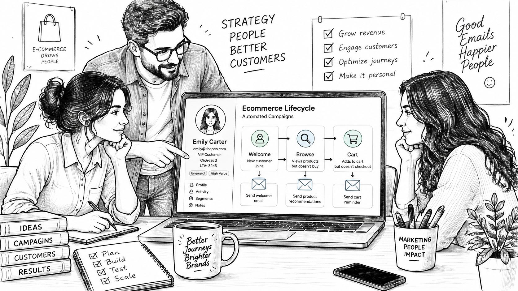A team collaborating on an e-commerce marketing automation strategy with a laptop displaying a customer lifecycle flowchart.