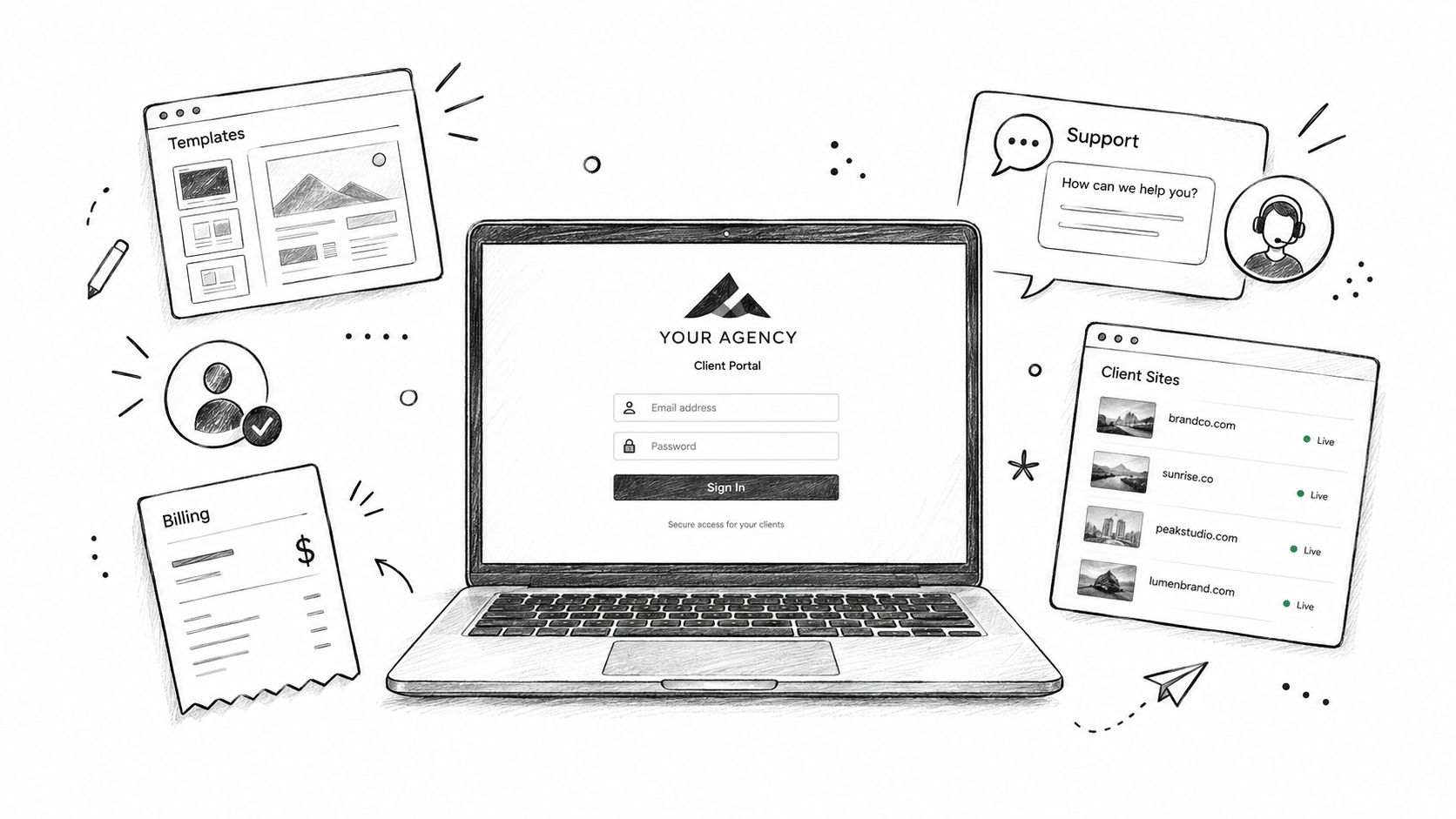 A hand-drawn illustration showing a laptop with a client portal login screen surrounded by business management icons.
