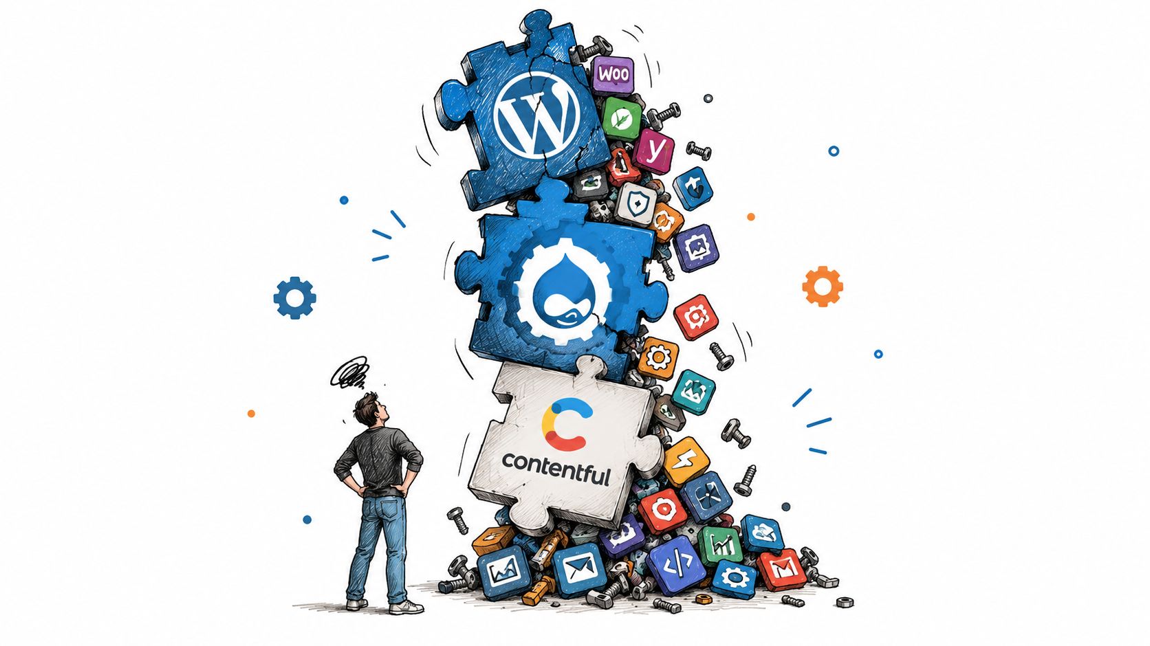 A person looking at a precarious tower of puzzle pieces depicting various content management system logos.