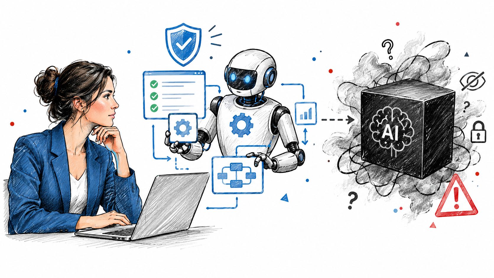 A professional woman working on a laptop while an AI robot interacts with a complex black box.