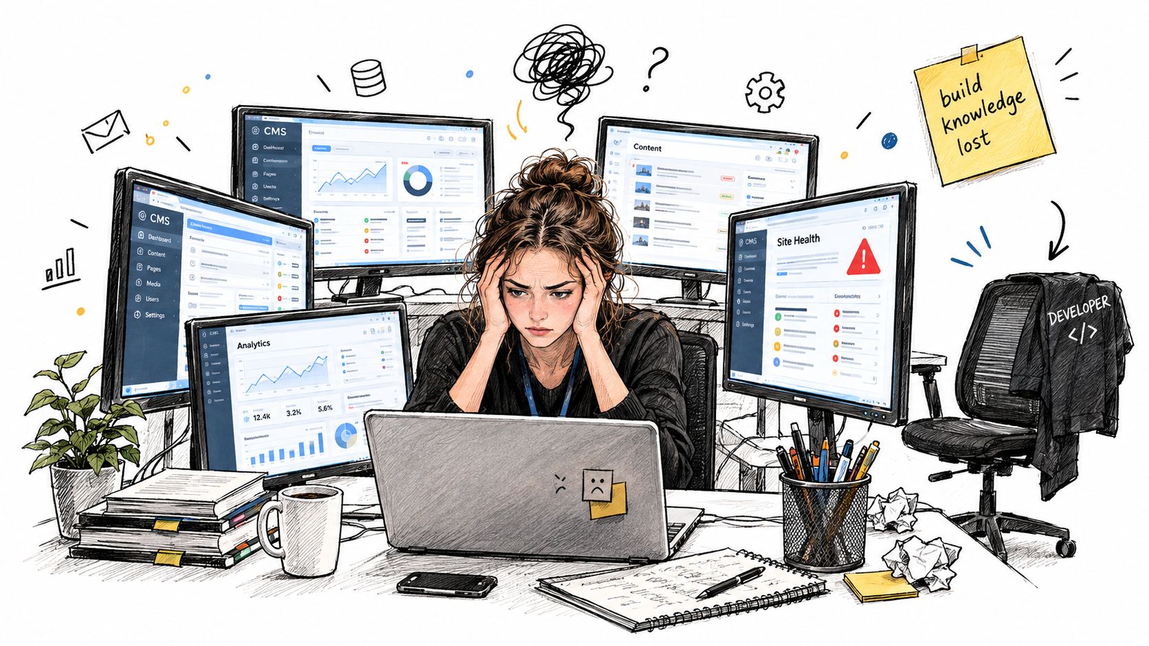 A stressed woman working at a desk surrounded by multiple computer screens displaying CMS and analytics data.