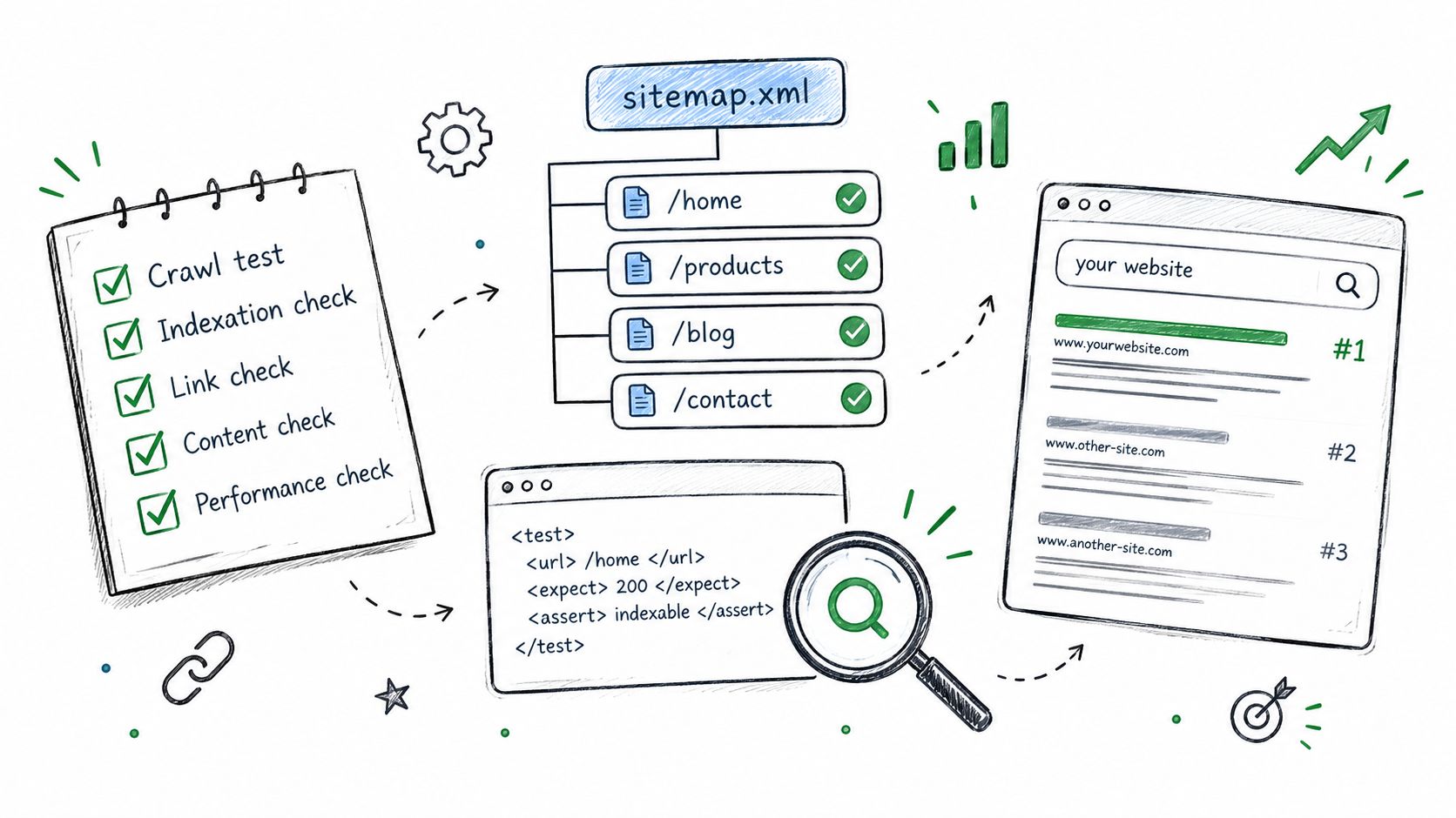A hand-drawn illustration showing a checklist, sitemap, testing code, and search engine results for website optimization.