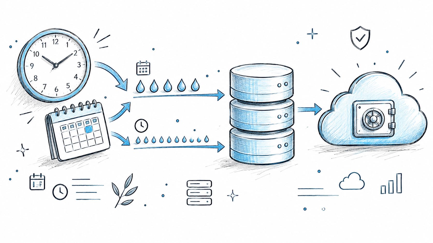 A hand-drawn illustration showing data flowing from a clock and calendar into a database and secure cloud storage.