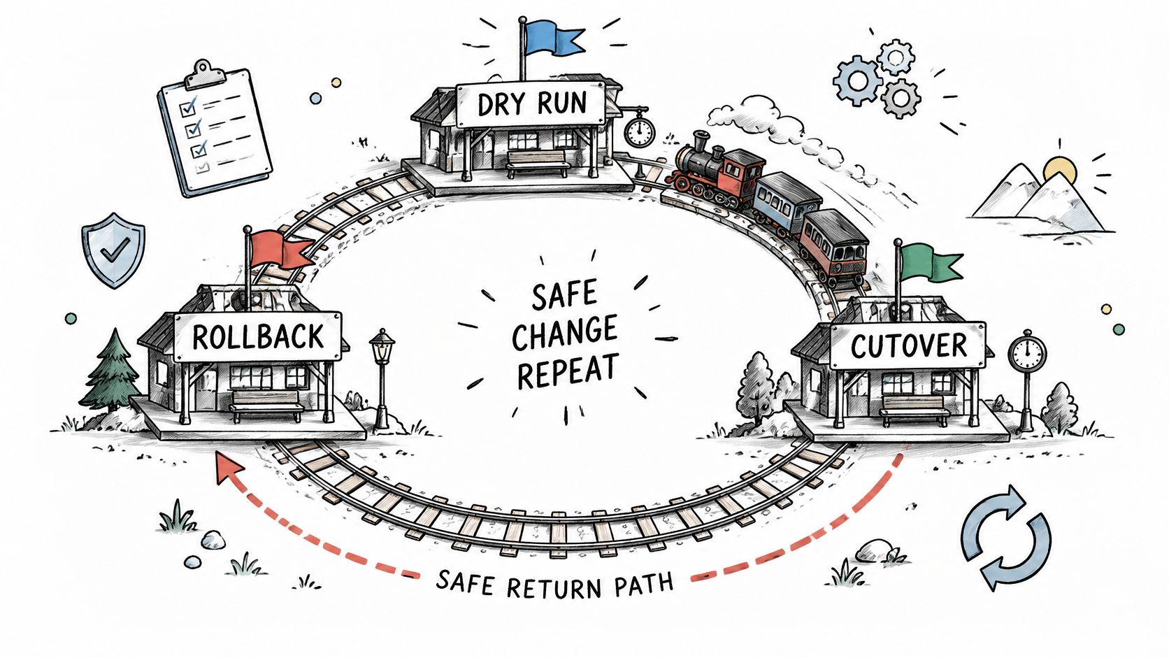 A hand-drawn illustration depicting a continuous train track process for safe Drupal migration strategy, rollback, and cutover.