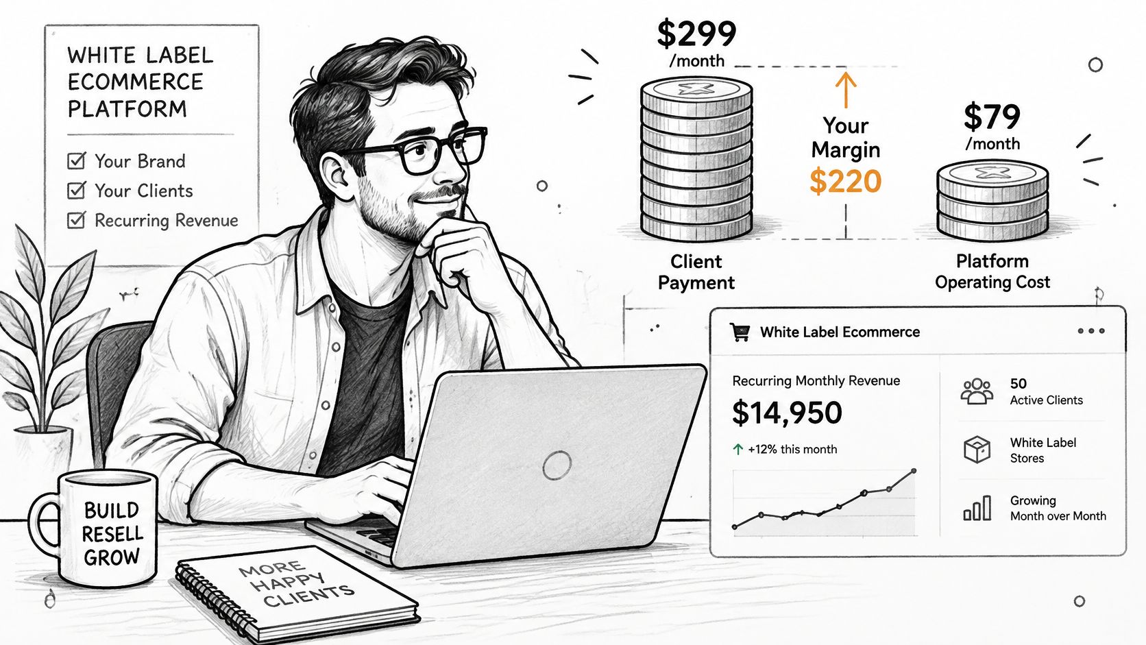 A digital illustration showing a professional using a laptop to manage a successful white label ecommerce business.