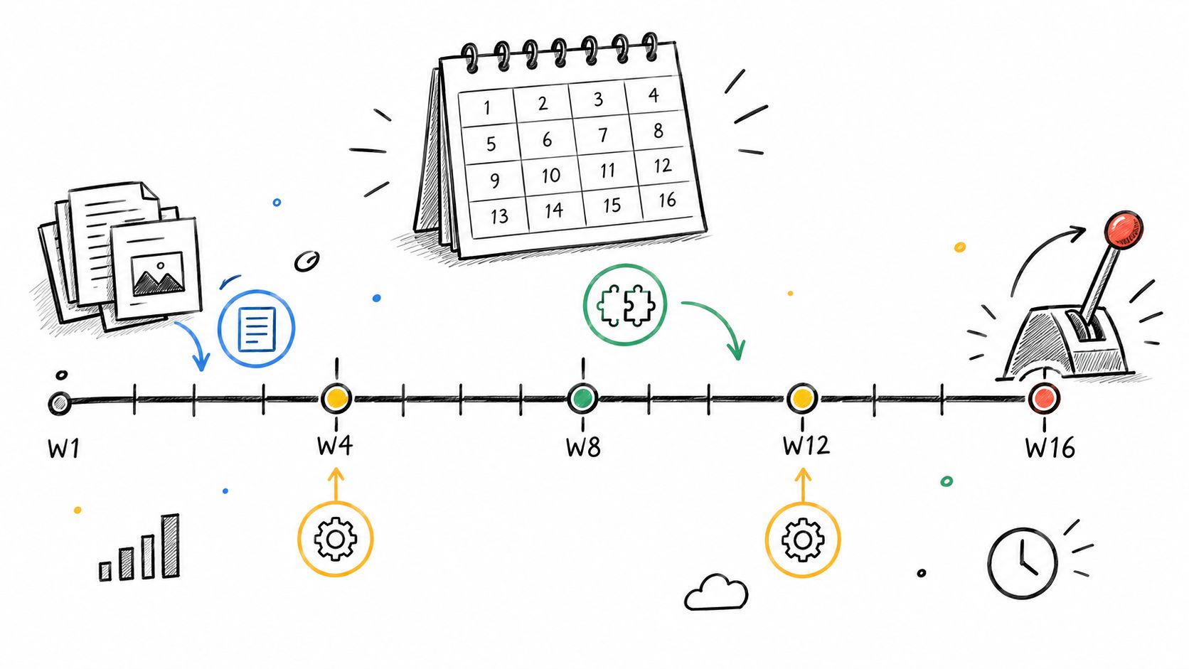 A sketched timeline spanning sixteen weeks illustrating project planning, milestones, development phases, and strategic execution steps.
