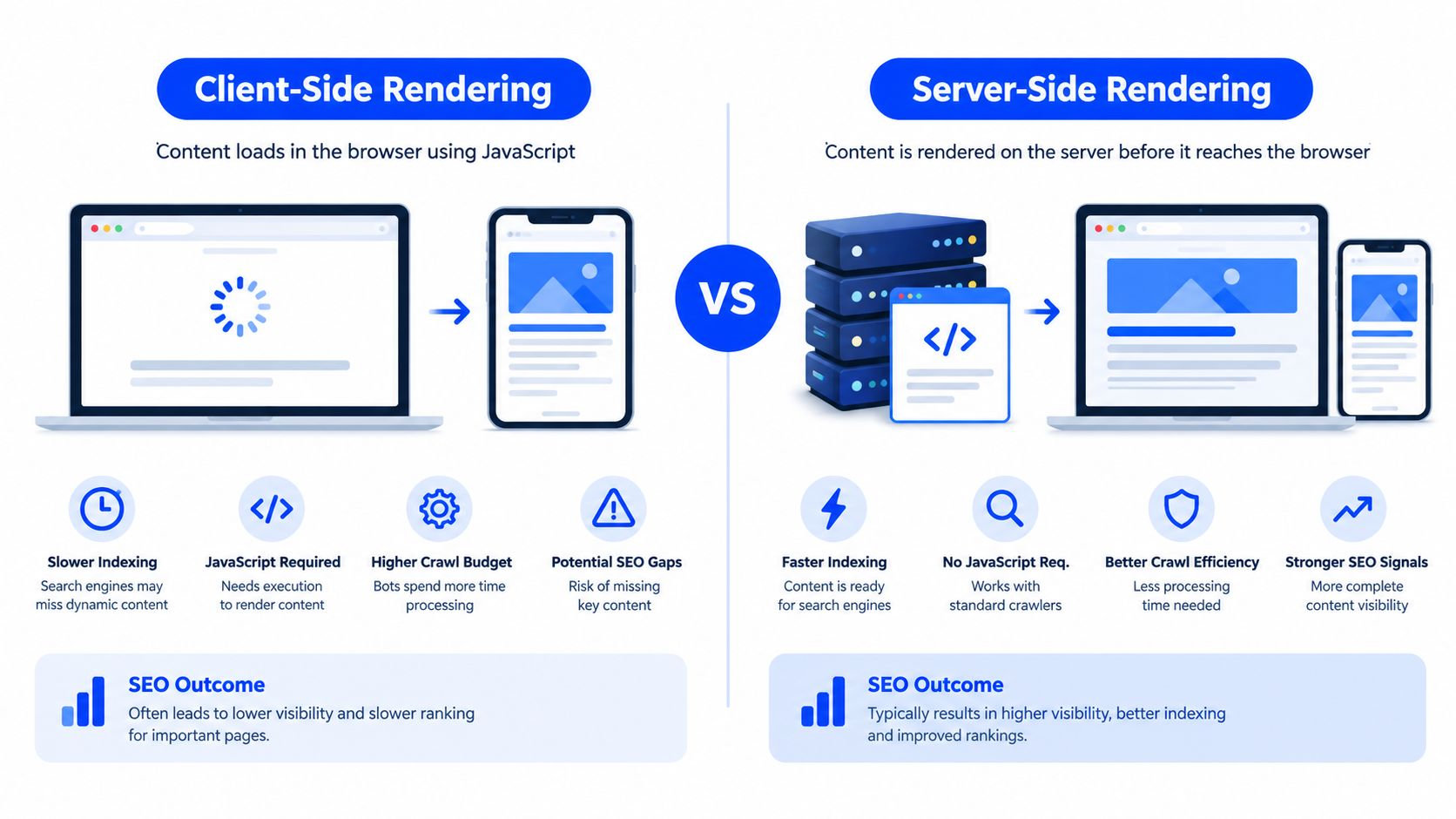 A comparison infographic between client-side rendering and server-side rendering, highlighting their respective impacts on SEO and indexing.