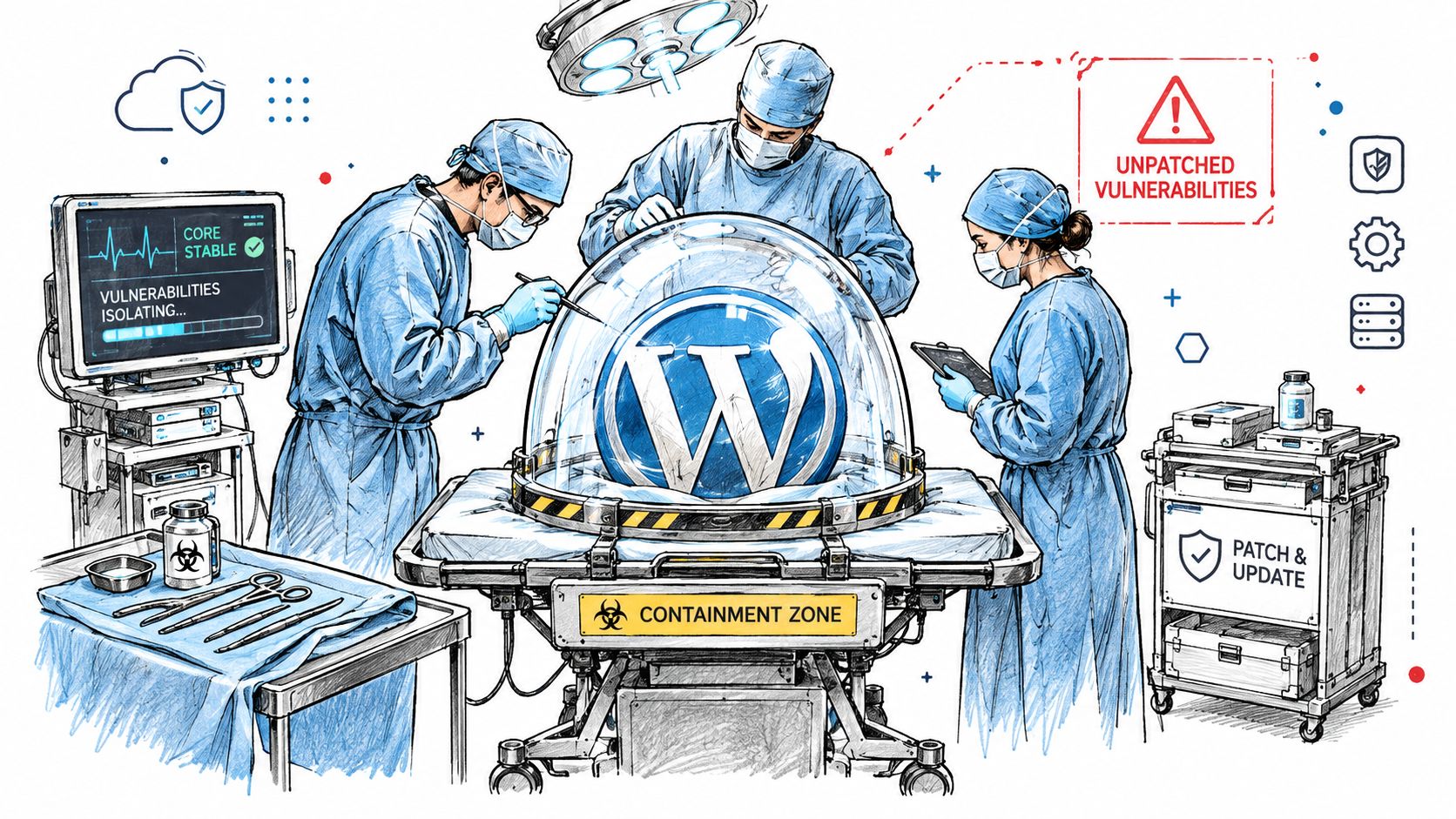 Medical staff in surgical gear performing a virtual surgery on a WordPress logo in a containment zone.