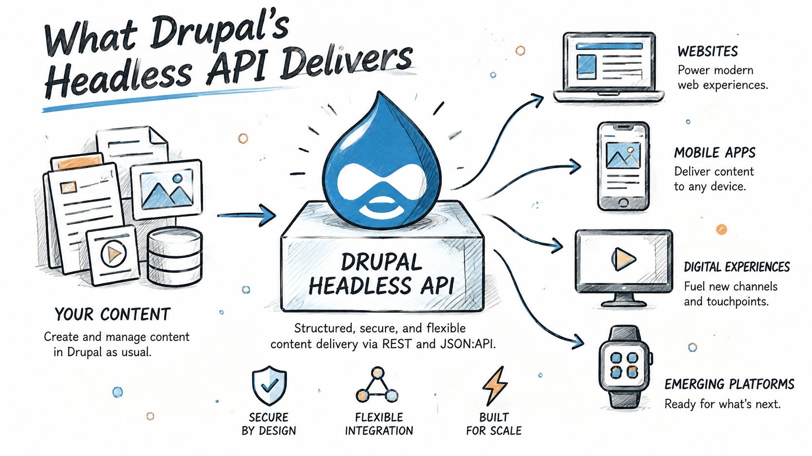 A diagram illustrating how Drupal Headless API acts as a central hub for delivering content to various platforms.