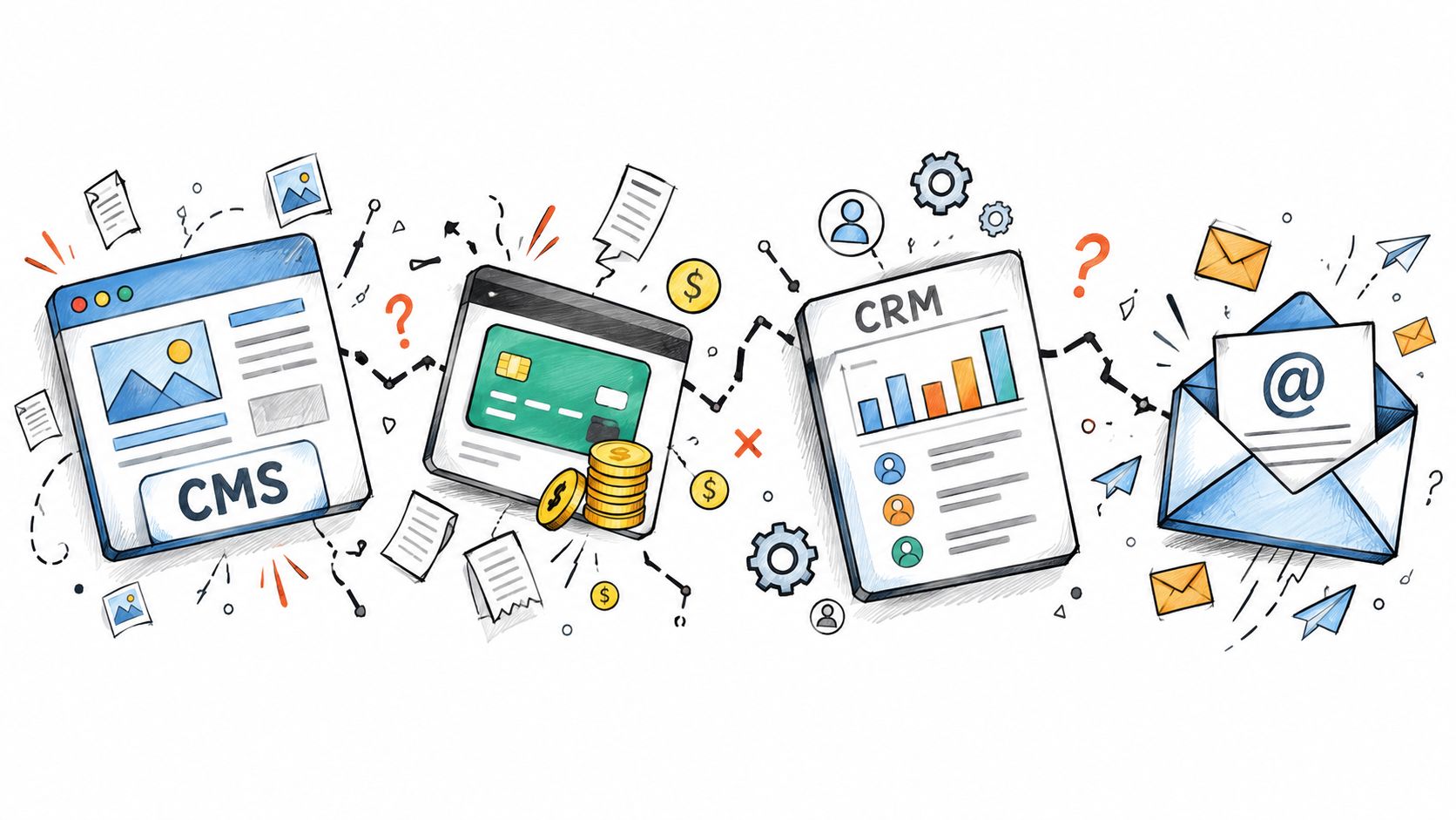 A conceptual illustration depicting a digital ecosystem with CMS, payment processing, CRM analytics, and email communication icons.
