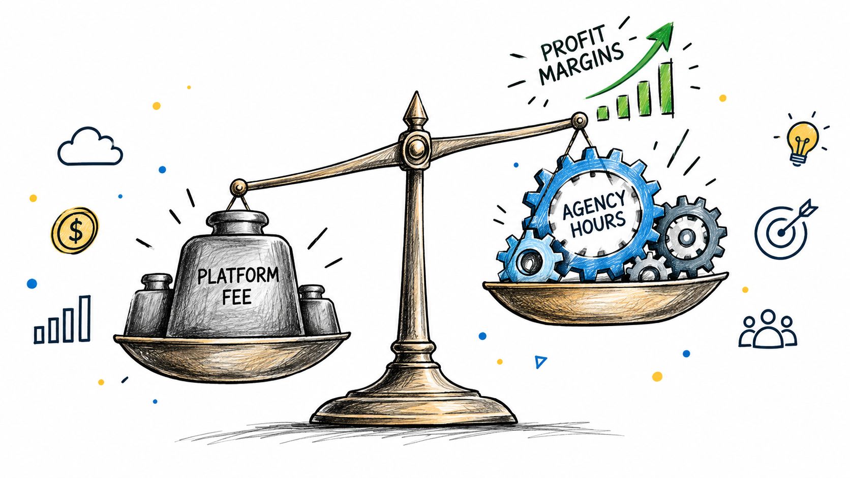 A conceptual scale illustration balancing platform fees against agency hours to improve business profit margins.