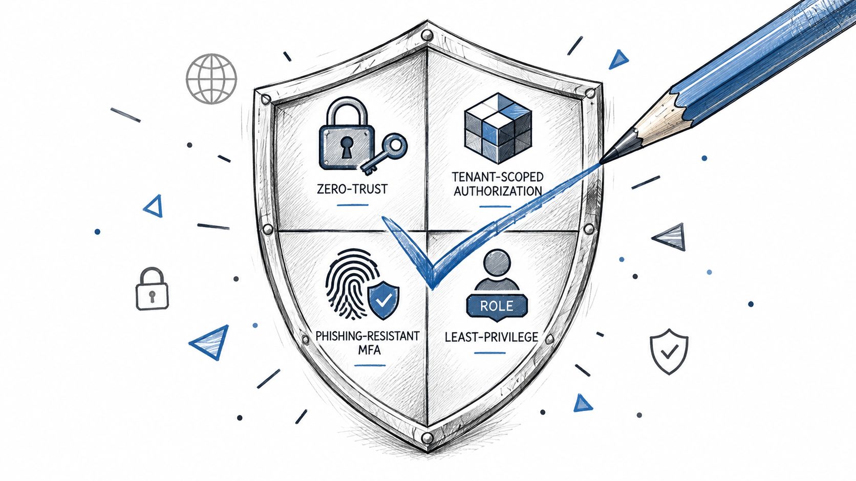 A hand-drawn shield illustration featuring four security concepts: Zero-Trust, Tenant-Scoped Authorization, Phishing-Resistant MFA, and Least-Privilege.