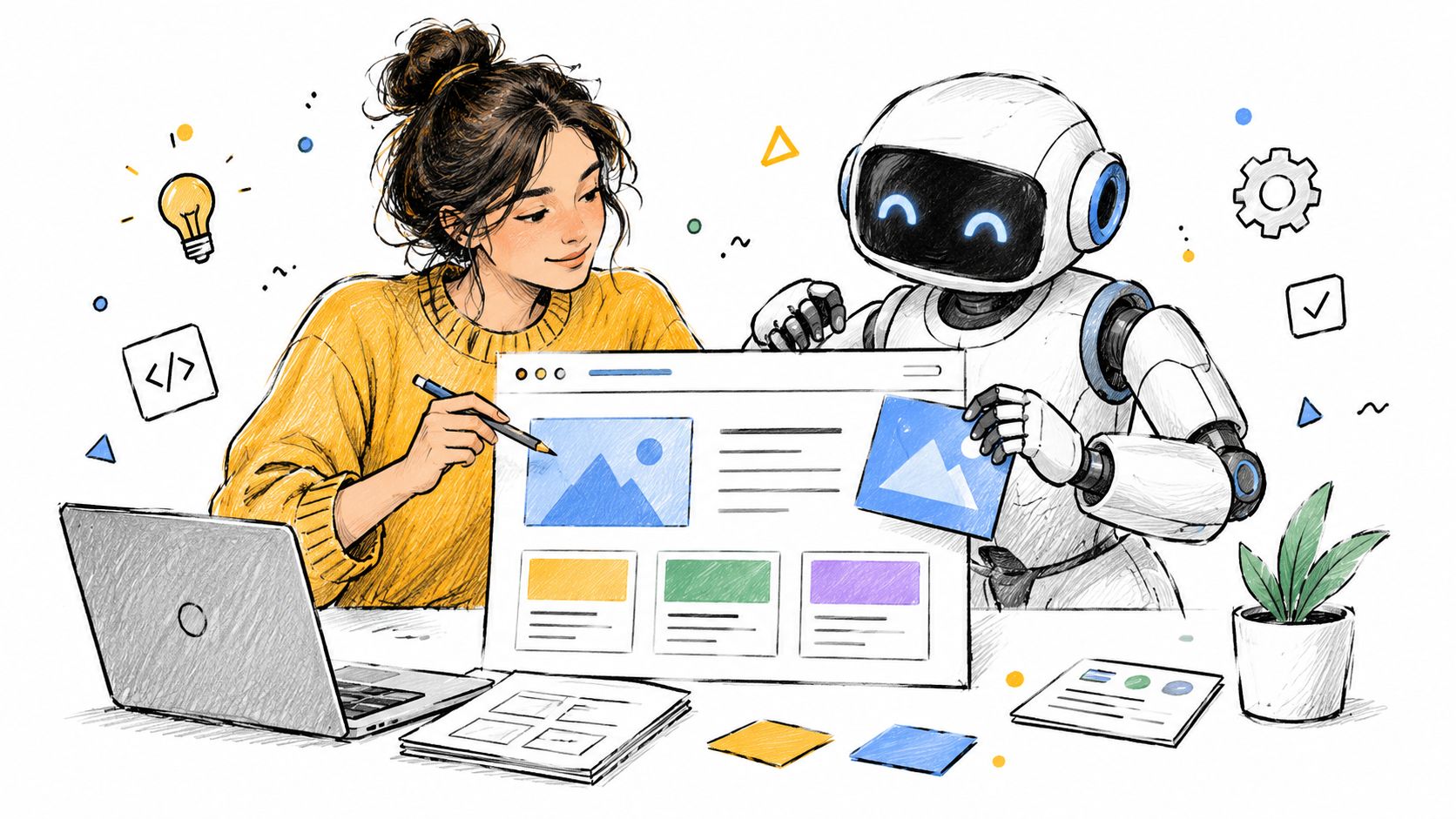 A woman and an AI robot collaborating on website design at a desk with a laptop.