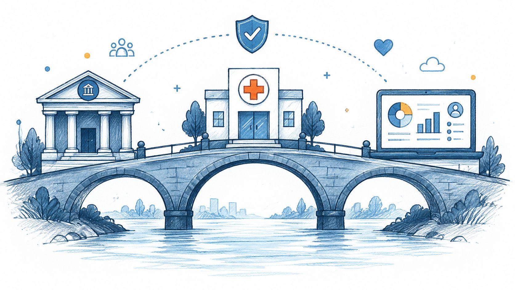 A hand-drawn illustration depicting a bridge connecting a bank, a hospital, and a digital dashboard interface.