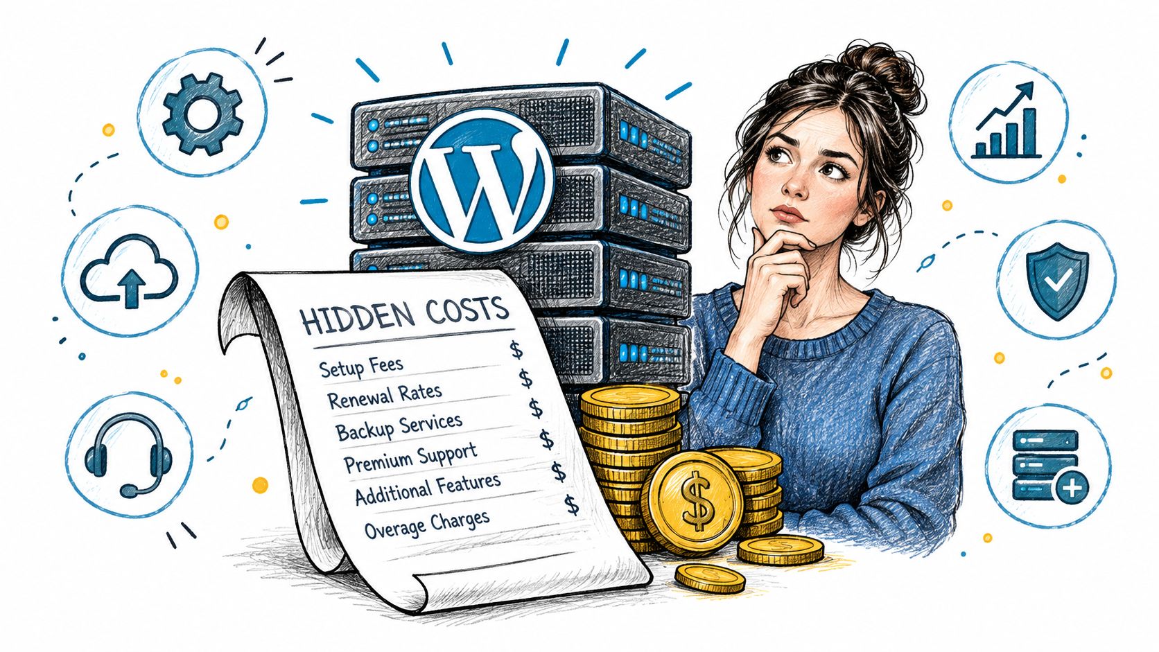 A woman contemplating WordPress server costs and potential hidden expenses like setup fees and renewal rates.