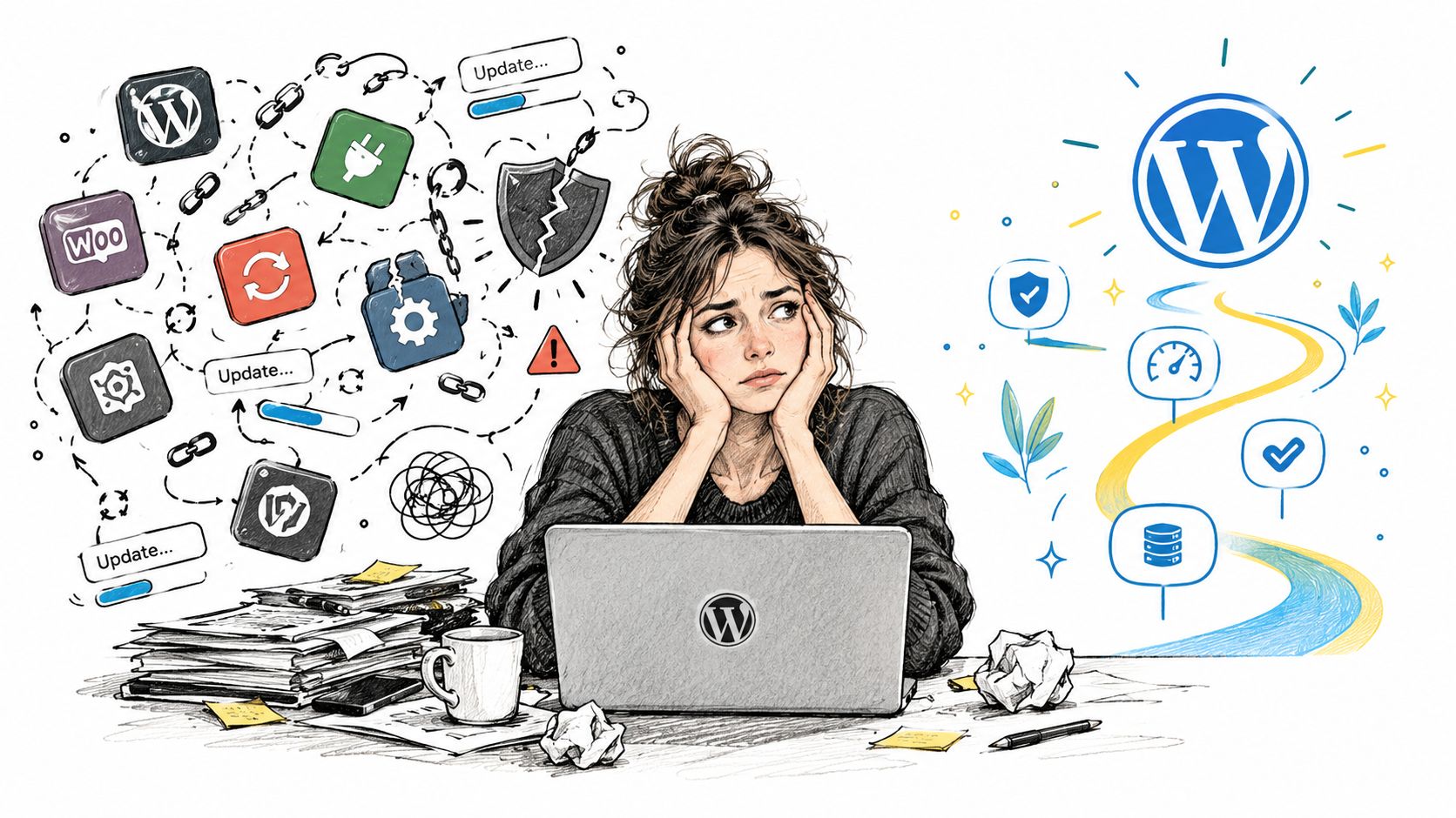 A woman feeling stressed by chaotic WordPress updates contrasted with a simplified, efficient website management process.