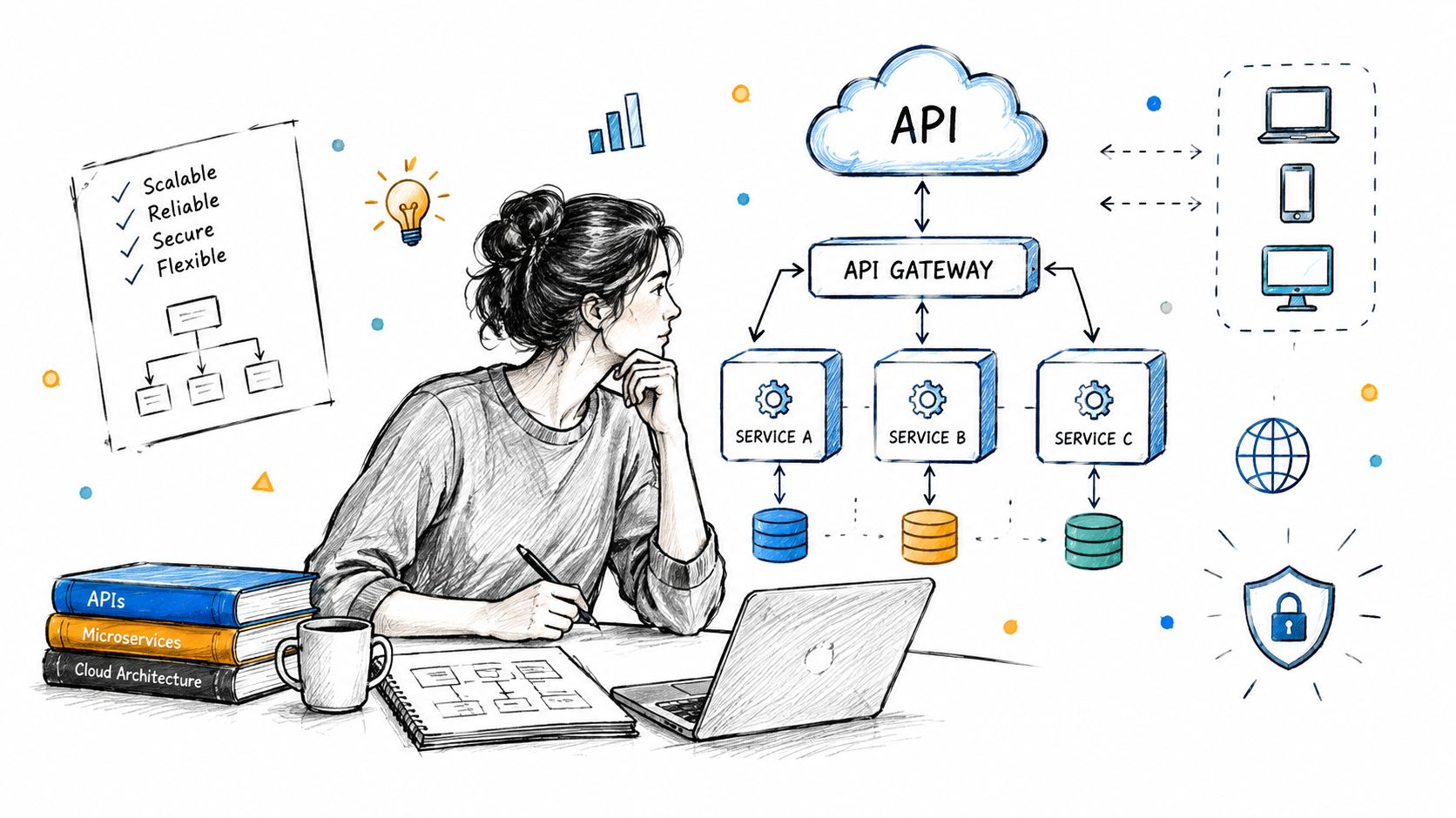 A woman sketching a cloud-based microservices architecture design with an API gateway while working on her laptop.
