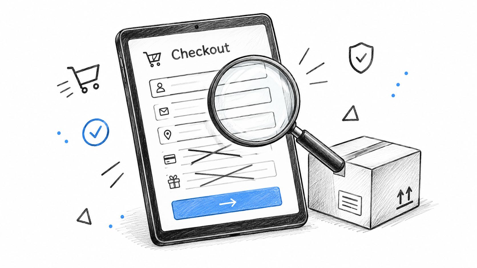 A digital tablet displaying a checkout form with a magnifying glass held over the payment section.
