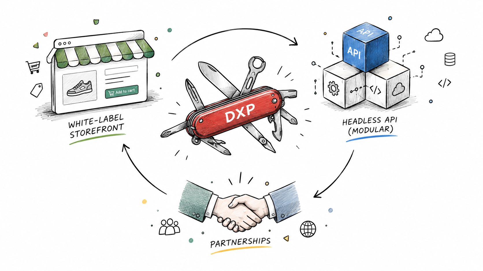 A digital experience platform concept illustration featuring a Swiss Army knife, a storefront, and headless API modules.