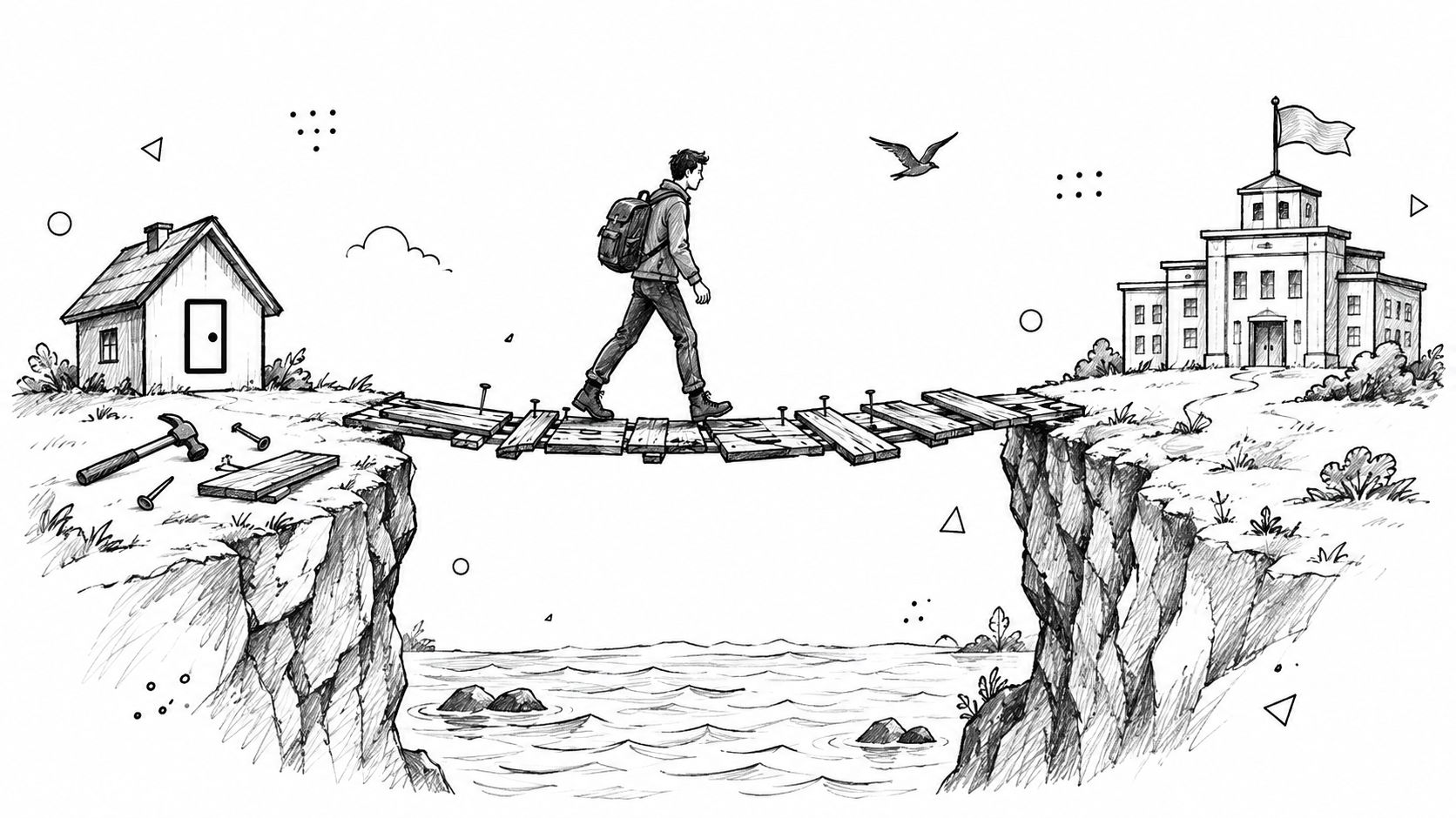 A person with a backpack crossing a wooden bridge from a house towards a university building.
