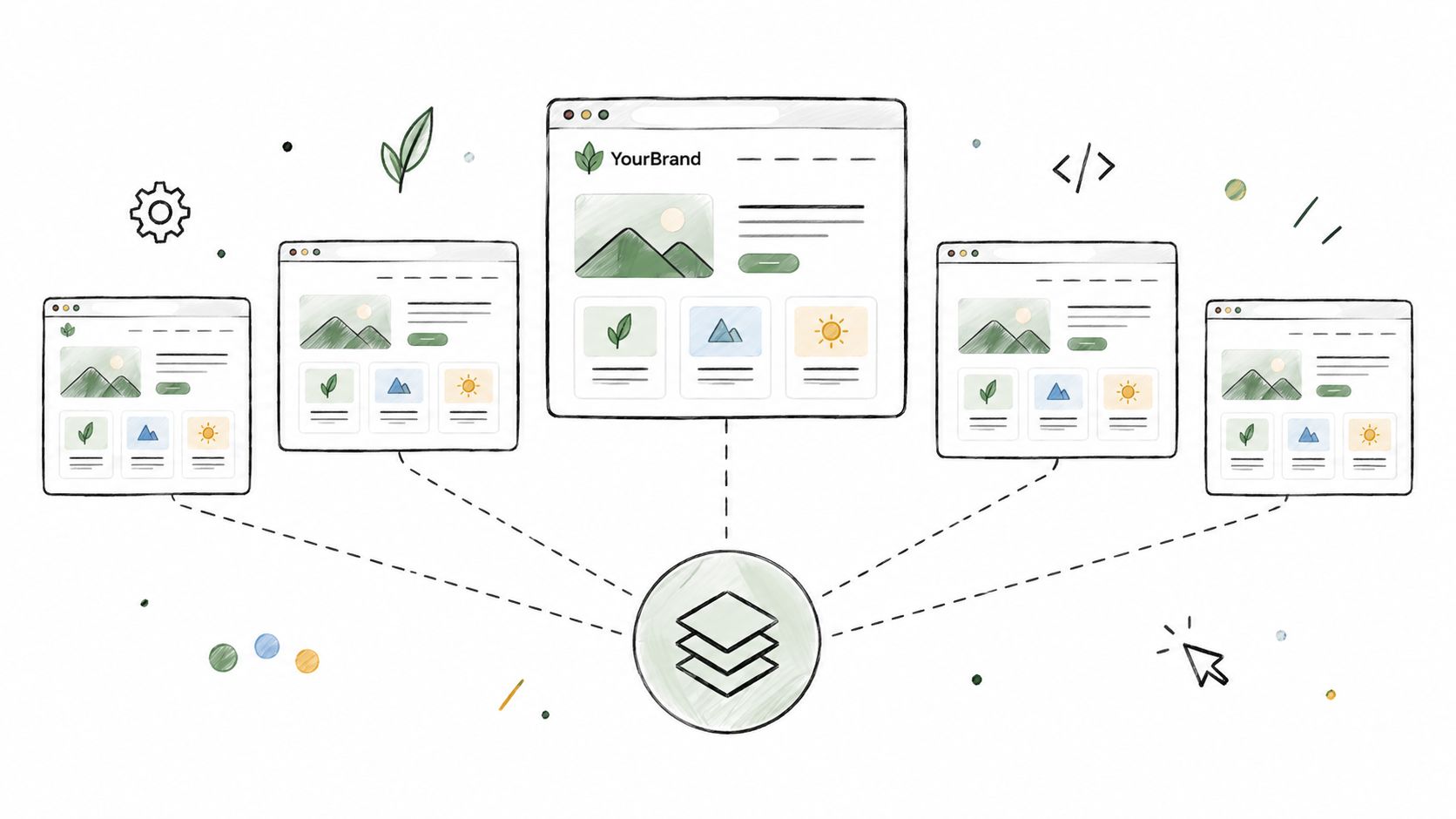 A hand-drawn illustration showing several website windows connected to a central layered platform icon representing web design.