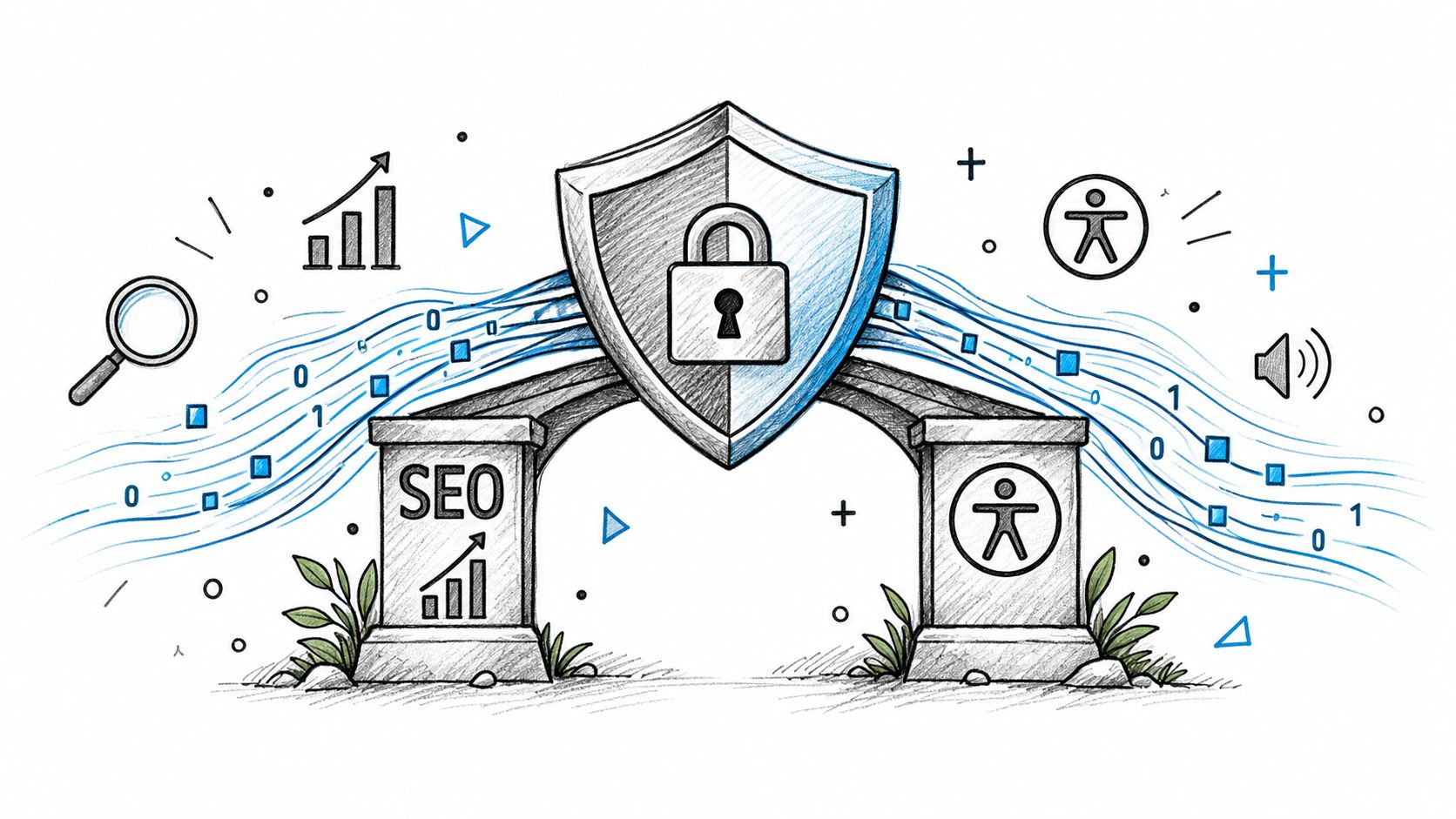 A pencil-sketch illustration of a security shield over an archway representing SEO and web accessibility principles.