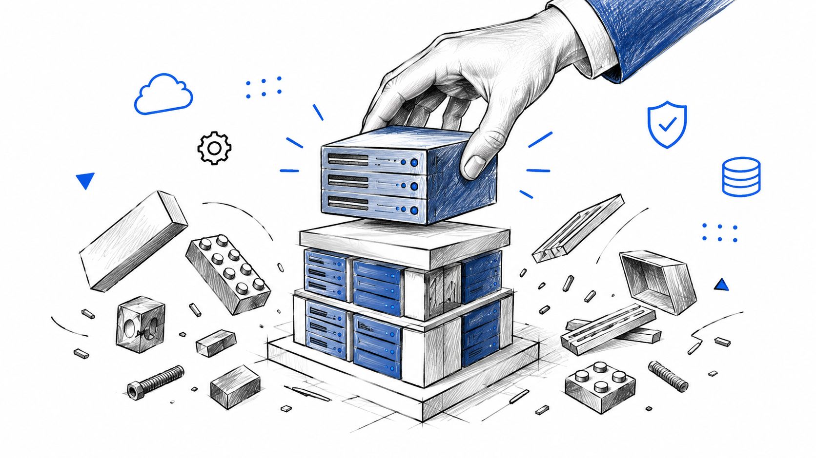 A hand placing a digital server block onto a stacked structure representing modular headless cms hosting infrastructure.