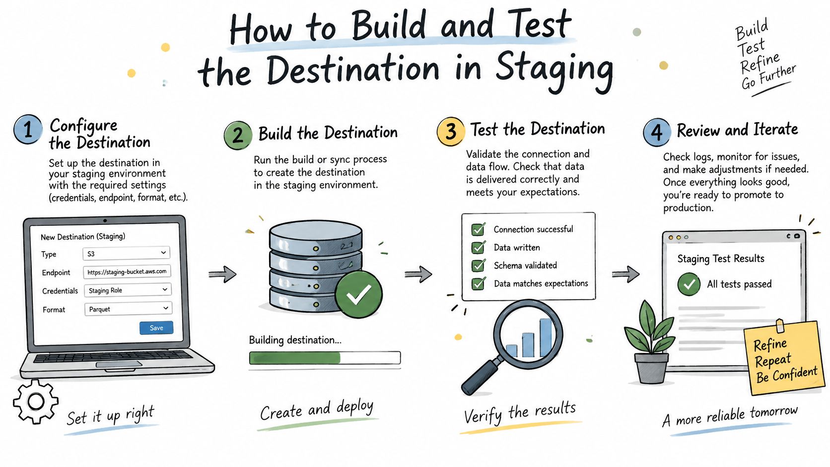 An infographic illustrating the four-step process for building and testing a data destination in a staging environment.