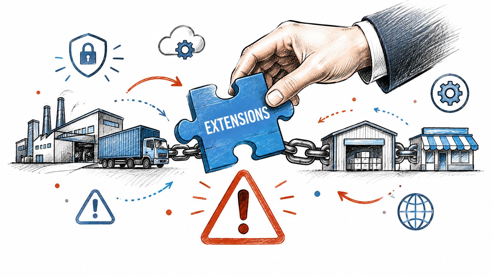A hand placing a blue puzzle piece labeled EXTENSIONS into a supply chain illustration showing factory to store.