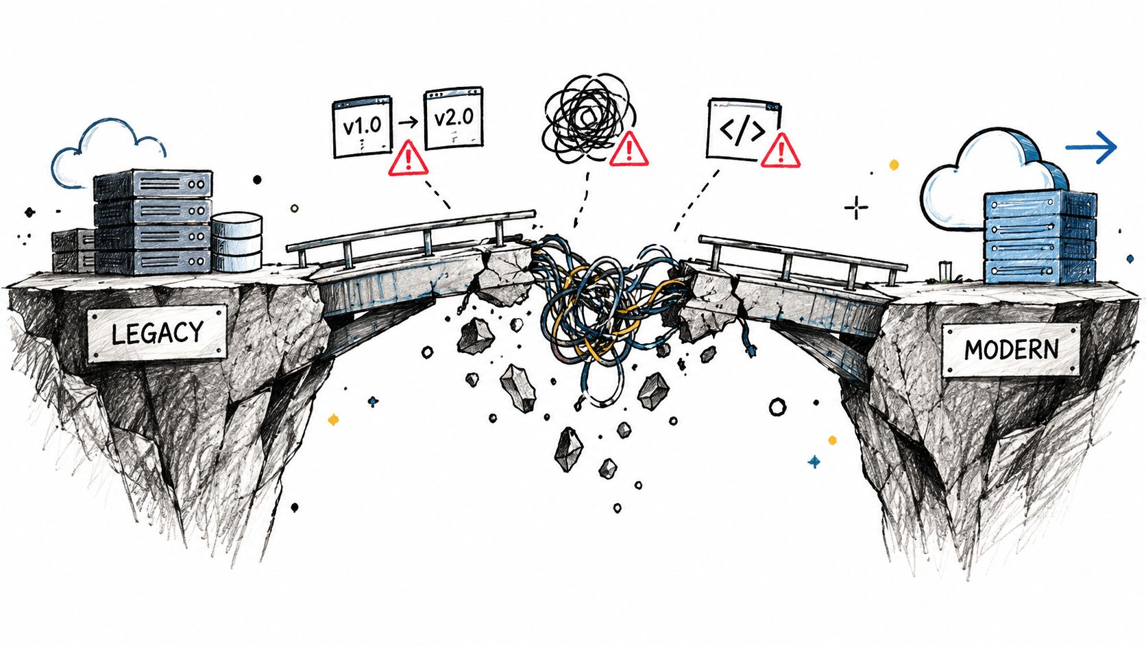 A broken bridge illustration showing the difficult migration path between legacy infrastructure and modern cloud systems.