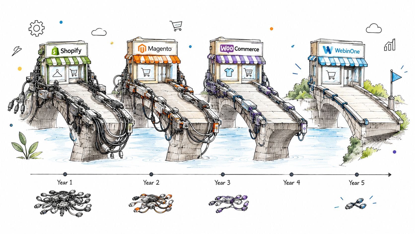 An illustration showing the evolution from complex, tangled e-commerce system integrations to a streamlined, simplified headless architecture.