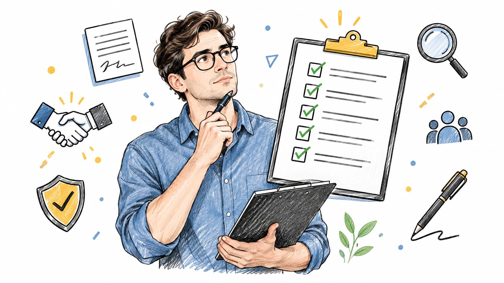 A professional man in a blue shirt holds a clipboard while reviewing a completed checklist in sketch style.