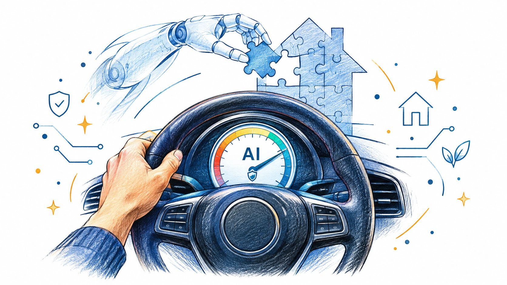 A hand holding a car steering wheel with an AI dashboard, illustrating automated home and technology integration.
